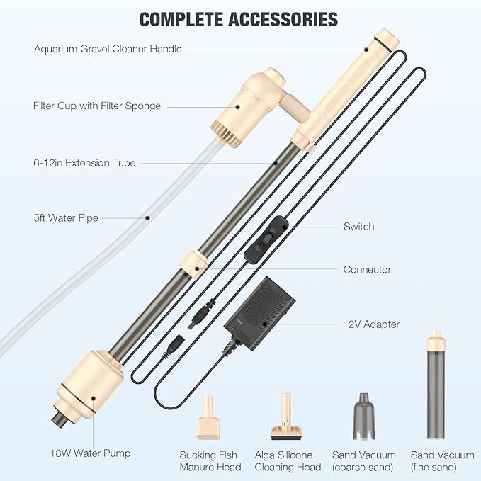 AKKEE Electric Fish Tank Vacuum Gravel Cleaner: 6 in 1 Gravel Vacuum Cleaner for Aquarium for Automatic Change Water, Remove Dirt Wash Sand Water Shower and Water Circulation, Beige, 18W