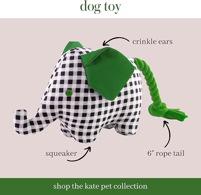 Kate Spade New York Dog Toy Rope with Squeaker and Crinkle Material, Gingham Elephant Tug Toy, Cute Dog Toy with Soft Durable Fabric, Pet Toy for Small Medium Large Breeds, Elephant