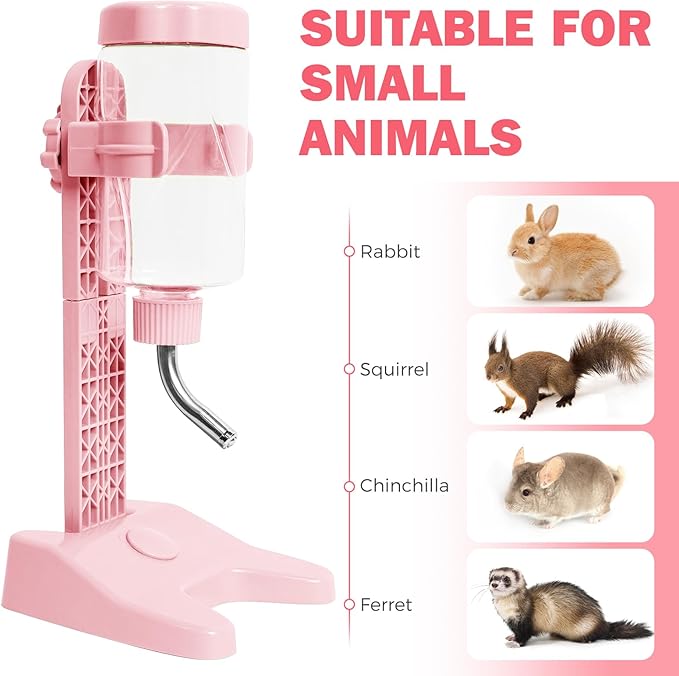 Pet Standing Water Dispenser Top Fill Dog Water Bottle Dispenser with Stand Leakproof Pet Slow Water Bottle for Small Animals, 13oz, BPA Free, Adjustable Height, Pink