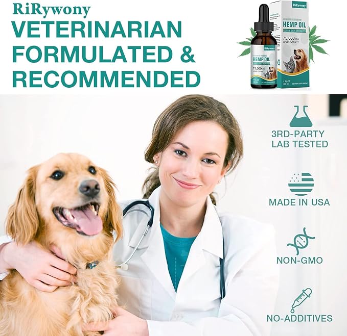 RiRywony Hemp Oil for Dogs and Cats - Help Pet Anxiety Stress Pain Arthritis Aggressive Relax Sleep Allergies Seizure Calming Relief - Treats Chews Drops for Joint & Hip Health - Made in USA