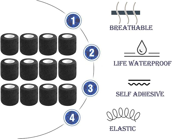 12 Pack Self Adhesive Bandage Wrap,2 Inches 5 Yards Black Vet Wrap Breathable Flexible Stretchy Cohesive Bandage for First Aid, Sprains Protection