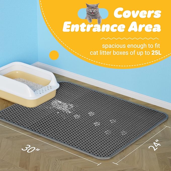 Cat Litter Mat Large - 24"x30" Litter Trapping Mat, Easy to Clean Litter Box Mat, Waterproof, Urine-Proof, Non-Slip Kitty Litter Mats for Floor, Grey