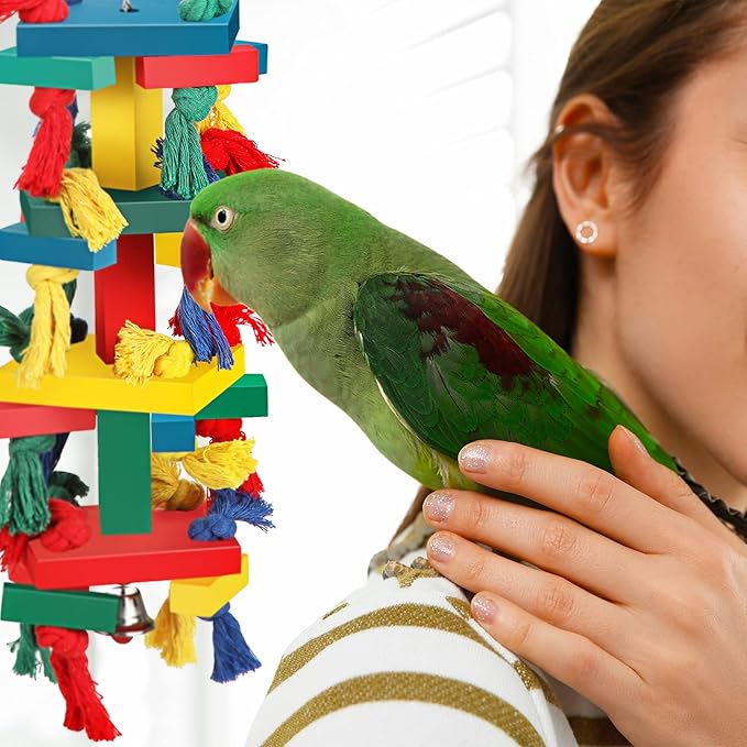 Skylety Bird Toys Parrot Toys for Large Birds Parrot Bird Chewing Toy with Hanging Bells Large Wood Parrot Blocks Knots Tearing Toy for African Grey, Parrots, Cockatoos, Macaw