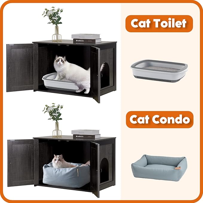 Dwanton Litter Box Enclosure, Cat Litter Box Furniture Hidden, Reversible Entrance Can Be on Left or Right Side, Wooden Cat Washroom Indoor, Fit Most of Litter Box, Dark Gray