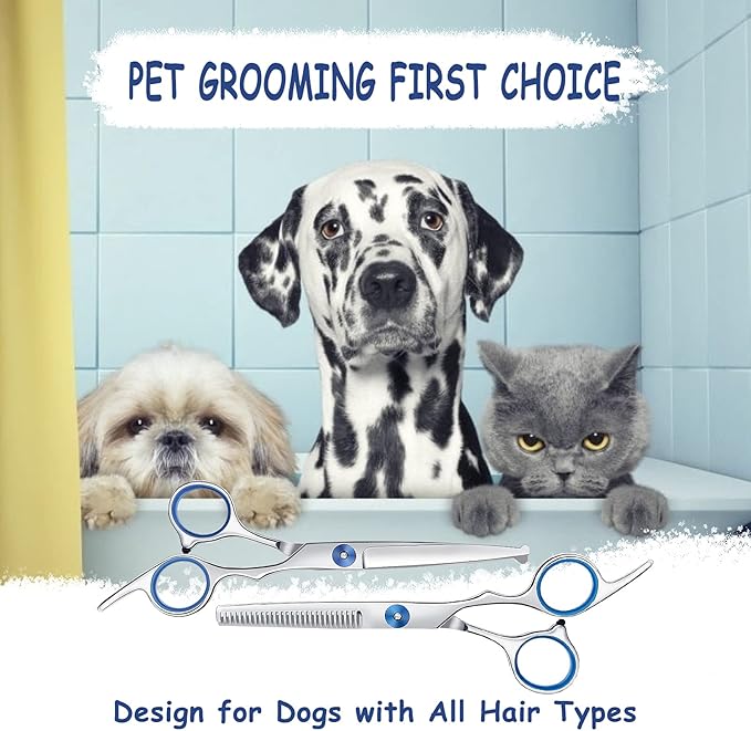 Dog Grooming Scissors - Maxshop 7 Inch Professional 2 Pack Heavy Duty Titanium Stainless Steel Pet Grooming Scissors Kit Rounded Tip Hair Cutting Curved Scissors Thinning Shears for Dogs and Cats