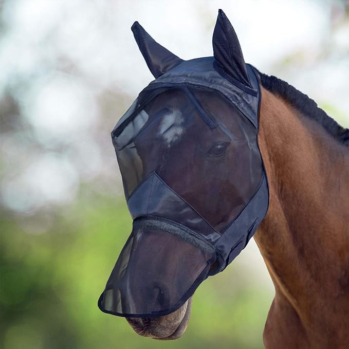 Harrison Howard CareMaster Horse Fly Mask Long Nose with Ears Full Face Black Medium Cob