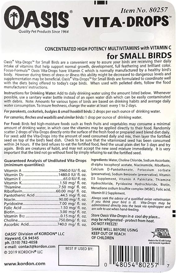 OASIS #80257 Vita Drops for Small Birds, 2- ounce liquid multivitamin
