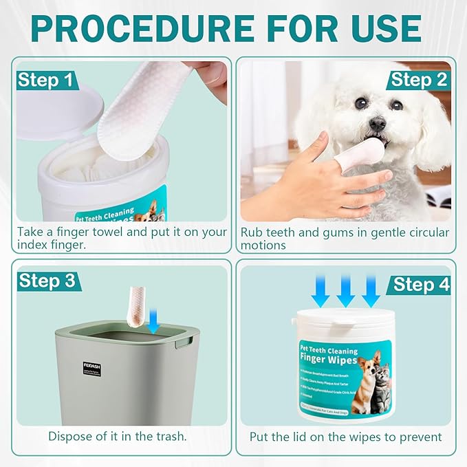 Teeth Cleaning Finger Wipes for Dogs & Cats, Reduces Plaque & Freshens Breath Teeth Care Wipes, Easy to Use Disposable Gentle Cleaning & Gum Care Pet Wipes, No-Rinse Dog Finger Wipes,50 Counts