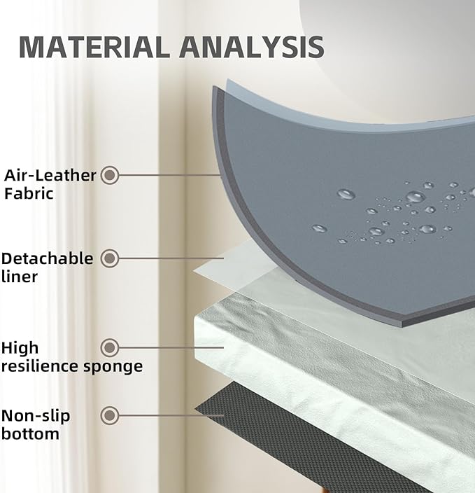 Dog Bed for Large Dogs, Easy Clean Dog Sofa Air-Leather-Fabric Pet Bed, Stain & Waterproof Dog Bed with Memory Foam & Washable Cover, with Pillow & Side Cushion, Gray, L Size