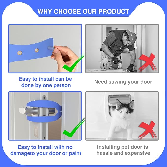 Cat Door Holder Latch Larger Adjustable Cat Door Alternative Fast Latch Strap Let Cats in and Keeps Dogs Out of Litter & Food and Safe Baby Proof No Measuring Easy to Install 3Pcs Blue