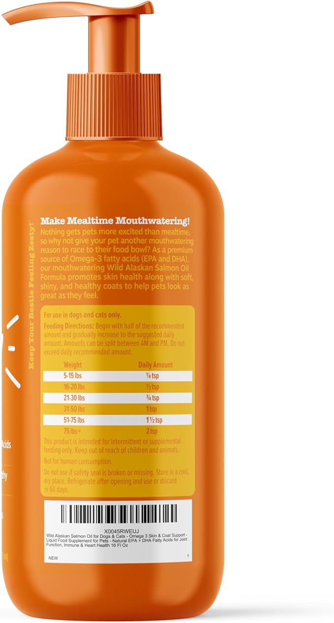 Wild Alaskan Salmon Oil for Dogs & Cats - Omega 3 Skin & Coat Support - Liquid Food Supplement for Pets - Natural EPA + DHA Fatty Acids for Joint Function, Immune & Heart Health 16oz