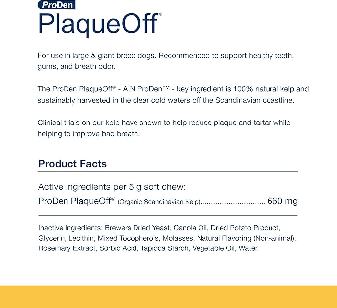 ProDen PlaqueOff Soft Chews with Natural Kelp - for Large & Giant Breed Dogs - Supports Normal, Healthy Teeth, Gums, and Breath Odor in Dogs - 45 Soft Chews