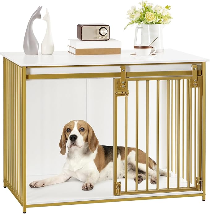 HOOBRO Dog Crate Furniture, 39.4" Heavy Duty Dog Kennel with Sliding Barn Door, Decorative Dog Crate Indoor, End Side Table for Small/Medium Dog, White and Gold DW162GW03