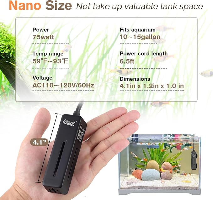 hygger Mini Fish Tank Submersible Heater 75W for 10-15 Gallons Small Betta Aquarium Heater with Digital Display Controller Adjustable Temperature