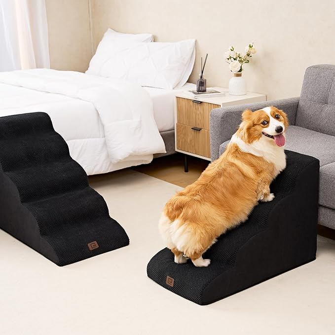 EHEYCIGA Curved Dog Stairs for High Beds 22.6" H, 5-Step Dog Steps for Small Dogs and Cats, Pet Stairs for High Bed Climbing, Non-Slip Balanced Pet Step Indoor, Black