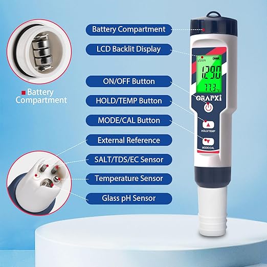 pH Salinity Tester 5 in 1 pH SALT TDS EC Temp Meter for Hydroponic System Saltwater Pool pH and PPM Meter Water Tester for Indoor Plant Grow, Hot Tub, Spa, Aquarium, Home Brewing