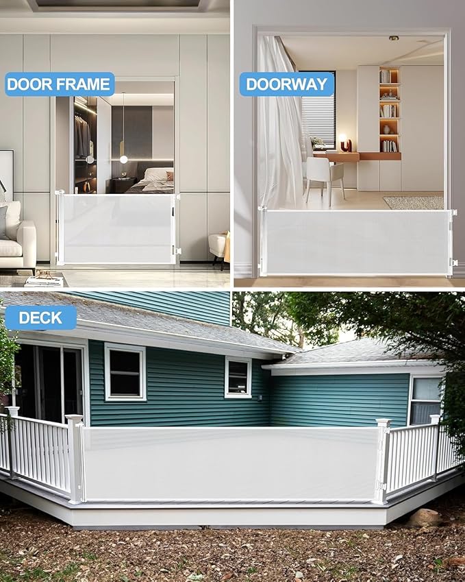 Retractable Baby Gate,Mesh Baby Extra Wide Gate,Extra Long Dog Gate,33" Tall,Large Extends up to 165" Wide,Child Safety Extra Large Gate for Doorways, Stairs, Indoor/Outdoor(White,33"x165")