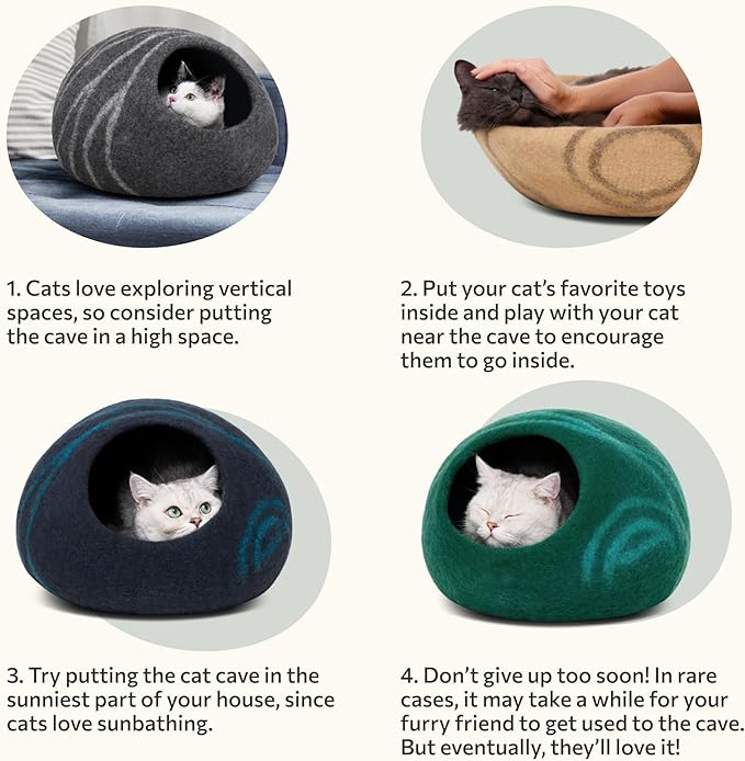 MEOWFIA Premium Felt Cat Bed Cave - Handmade 100% Merino Wool Bed for Cats and Kittens (Light Shades) (Large, Aquamarine)