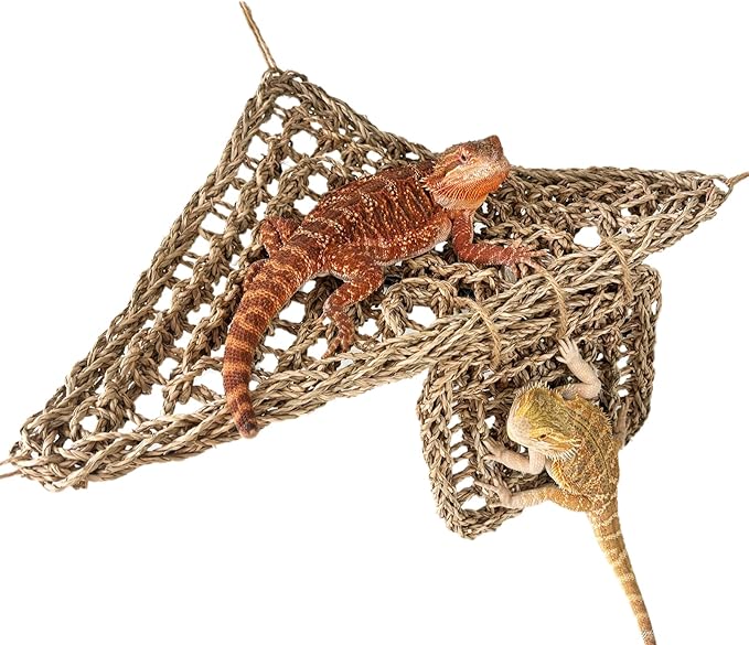 Bearded Dragon Lizard Hammock Reptile Lounger,100% Natural Seagrass Bed and Cage Terrarium Tank Accessories for Geckos,Snakes,Chameleon,Hermit Crab,Axolotl,Iguana 16.5"*11"*11"+7"*7"