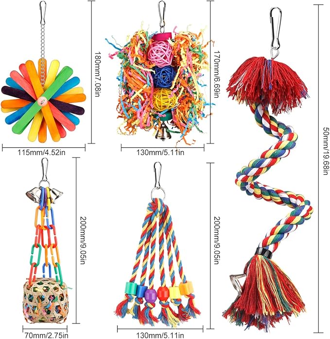 Bird Toys Bird Rope Perch with Bell Colorful Bird Chewing Shredding Foraging Toys Parakeet Toy Parrot Swing Climbing Standing Hanging Toys Bird Cage Accessories for Conure Cockatiel Budgies Lovebird