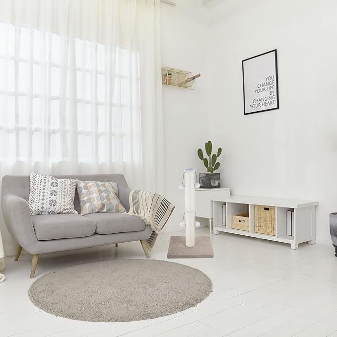 Dimaka Tall Carpet Cat Scratching Post for Large Cats, 29" Natural Sisal Rope Post Tree with Stable Heavy Base and 4 Interactive Toy Balls, Scratcher Post for Indoor Cats(Beige/Yellow V2)