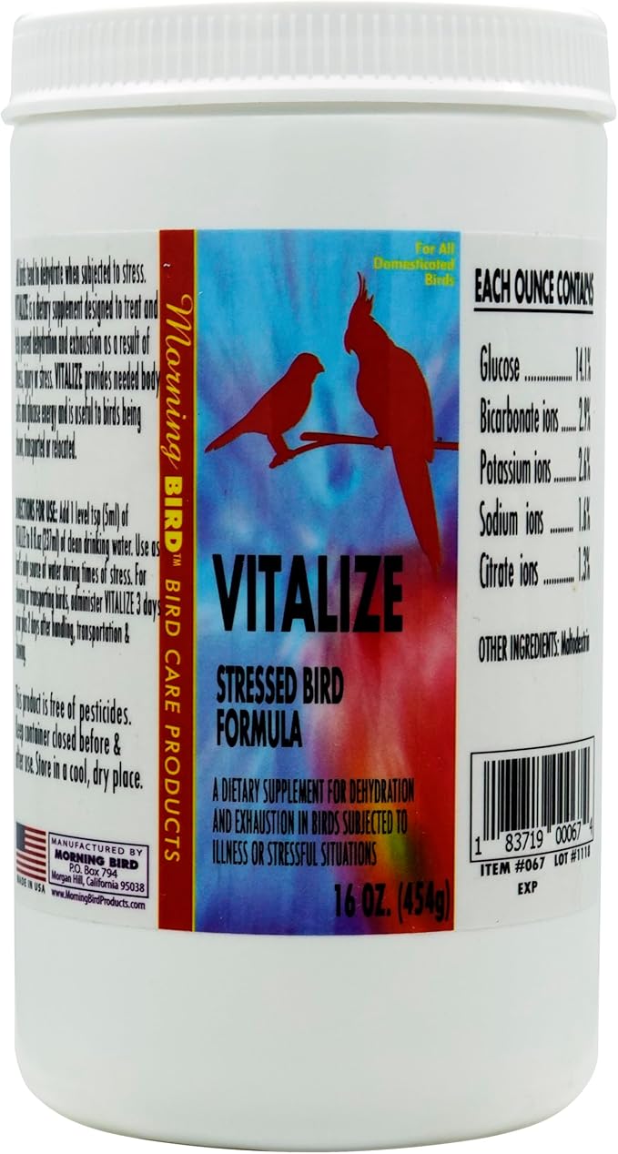 Morning Bird Vitalize, Supplement for Sick, Injured, or Stressed Caged Birds; Dehydration and Exhaustion Treatment for Parakeets, Cockatiels, Budgies, Finches, Canaries, and Parrots, 16 oz