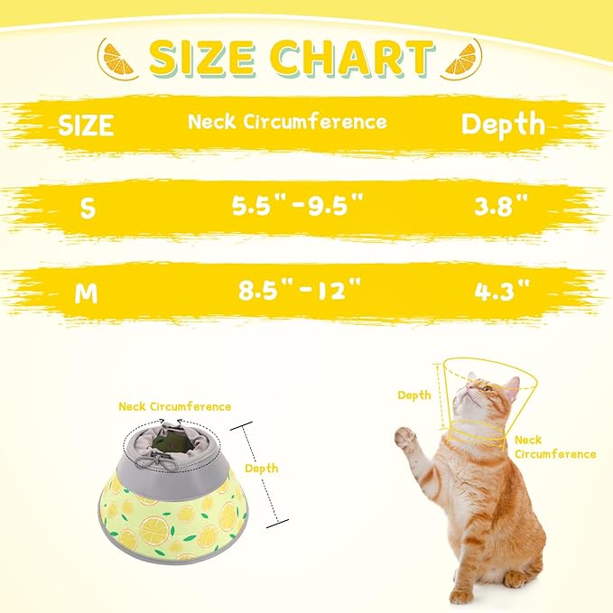 Cat Cone, Adjustable Cat Cone Collar Soft to Stop Licking, Foldable Cute Cat Cone Alternative, Water Resistant Neck Cone for Cats, Lightweight Cat Recovery E Collar for Cat Kitten(Yellow, S