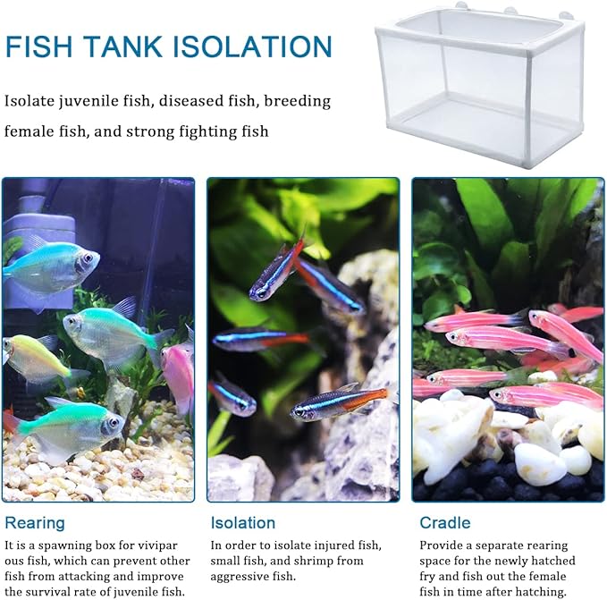 2 Pack Aquarium Fish Breeder Box, Fish Isolation Box, Hatching Box, Juvenile Fish Spawning Incubator, Water Isolation Net Hatchery with Incubator Mesh and 10 Suction Cup(Small Size,Big Size)