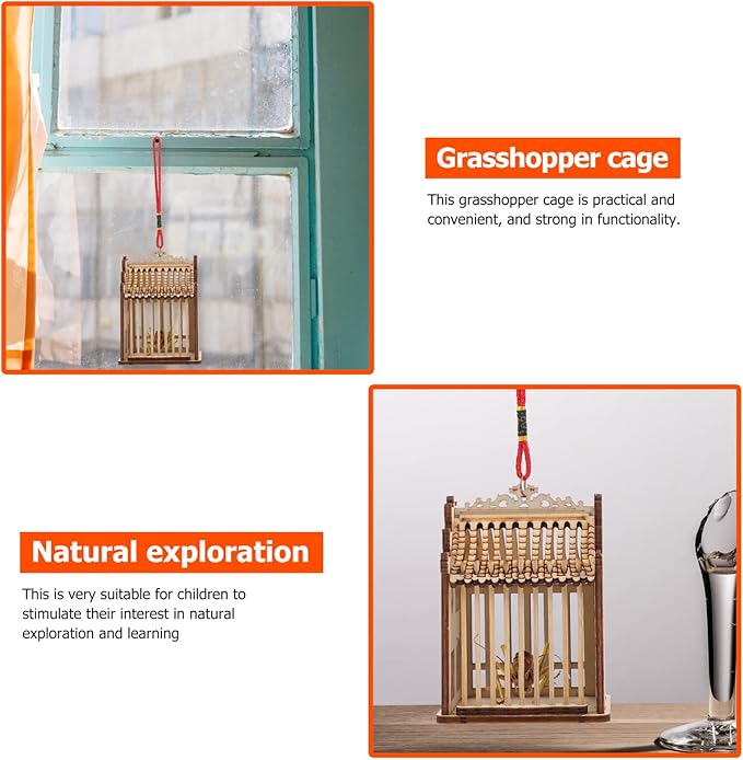 Balacoo Wooden House Grasshopper Cage Habitat Box Critter Cages Garden Hanging Insert Cage for Grasshopper Crickets Light Brown 2