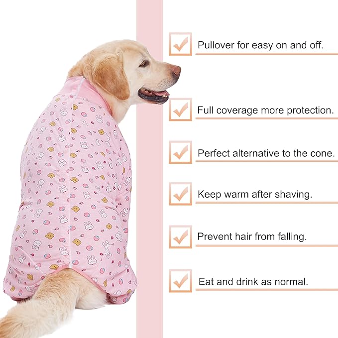 Recovery Suit for Large Medium Dogs After Surgery, Soft Breathable Anti Licking Dog Onesie E-Collar & Cone Alternative, Pet Bodysuit for Preventing Hair Loss Full Cover Wound(2XL, Pink Bunny)