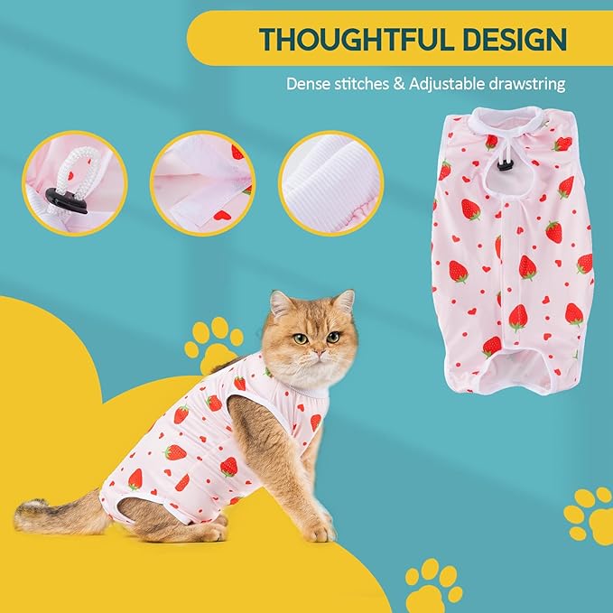 Avont 2 Pack Cat Recovery Suit - Kitten Onesie for Cats After Surgery, Surgical Spay Recovery Suit Female for Abdominal Wounds or Skin Diseases Protection -Cherry/Strawberry(M)
