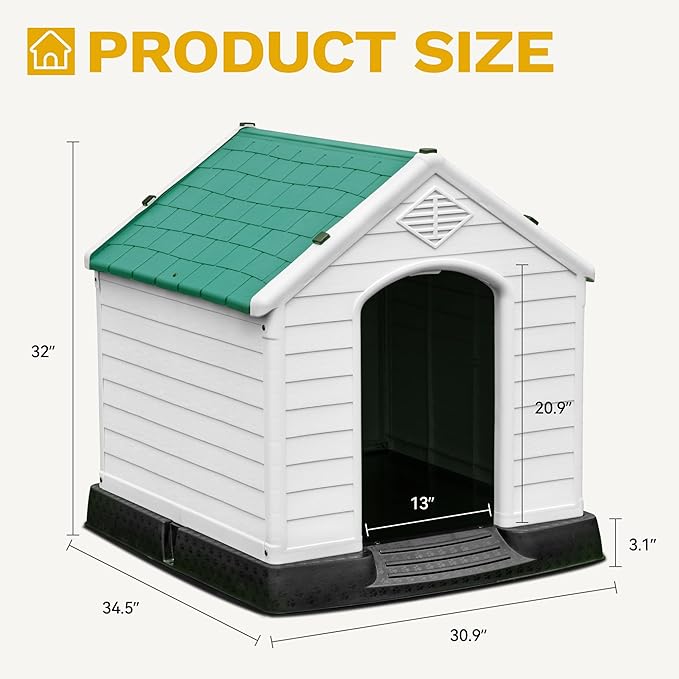 DWVO Spacious and Durable Dog House for Small to Medium Dogs, Indoor & Outdoor Use, Weather Resistant, Easy to Assemble (34.5''L*30.9''W*32''H, Green)