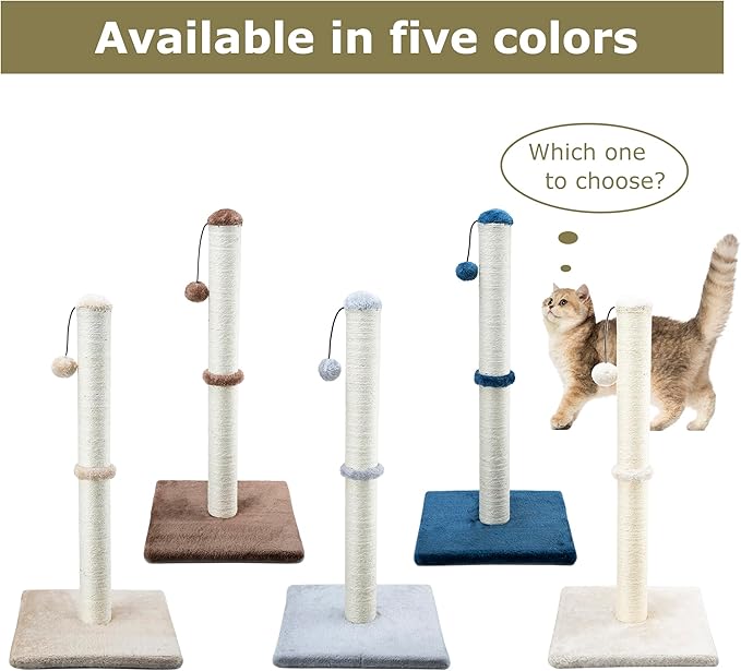 Tall Cat Scratching Post 34” Basic Vertical Scratcher for Indoor Cats and Kittens, Cat Scratch with Sturdy Sisal Rope and Hanging Ball, Large Heavy Plush Base (Dark Brown)