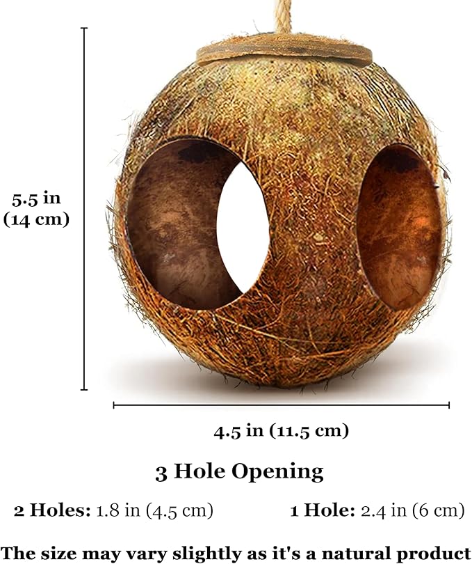 SunGrow Leopard Gecko Coco Hut, Gecko Climbing Accessories, Raw Coconut Shell Reptile Hide, Terrarium Habitat Décor, 2.5” Opening Diameter, with Fiber Loop for Hanging (3-Holes)