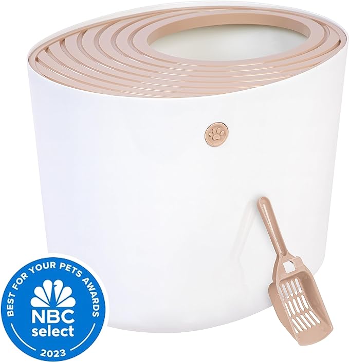 IRIS USA Large Top Entry Cat Litter Box with Scoop, Stylish Round Cat Litter Box Enclosure, Kitty Litter Box, White/Beige