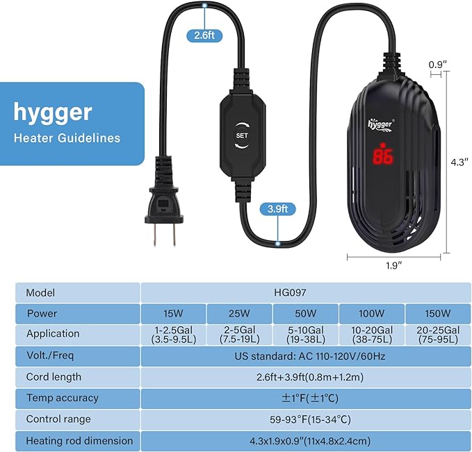 hygger Small Aquarium Heater, 15W Submersible Betta Fish Tank Heater with Adjustable Temperature External Controller, Turtle Heater with LED Display for up to 2.5 Gallon Tanks