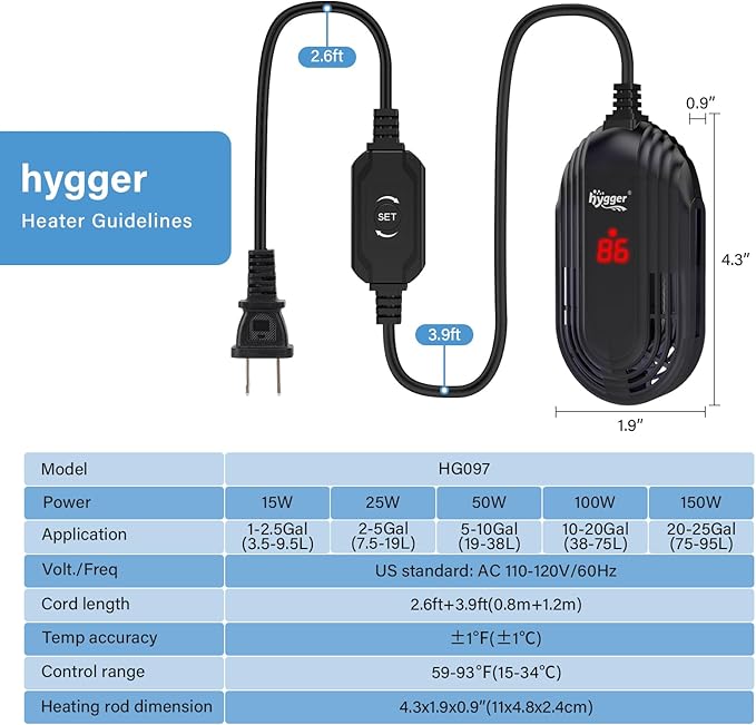 hygger Small Aquarium Heater, 25W Submersible Betta Fish Tank Heater with Adjustable Temperature External Controller, Turtle Heater with LED Display for up to 5 Gallon Tanks