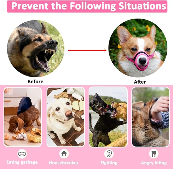 LUCKYPAW Dog Muzzle Anti Biting Barking and Chewing with Comfortable Mesh Soft Fabric and Adjustable Strap, Suitable for Small, Medium and Large Dogs(Hot Pink Trim,XL)