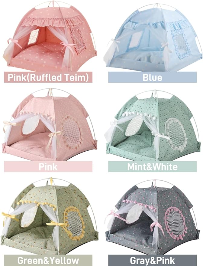 Cat Bed Tents Dog House Indoor Outdoor Lace Mesh Breathable Windows Door Curtains Removable Portable Nest Teepe House (Large,Blue)