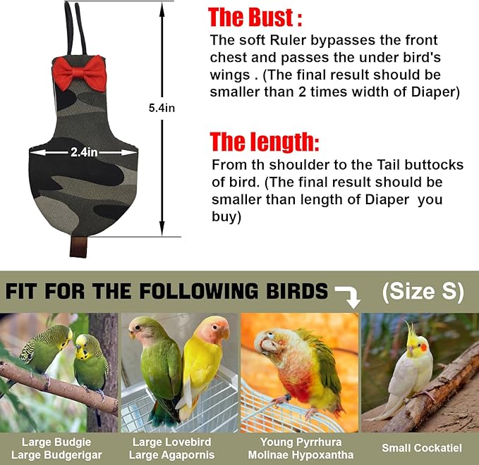 Bird Diaper Washable Parrot Diapers Reusable Bird Flight Suit Nappies Protective Breathable Parrot Nappy Clothes for Parakeet Parrot Macaw Budgie Canary Budgie Cockatiel(Camouflage, Small)