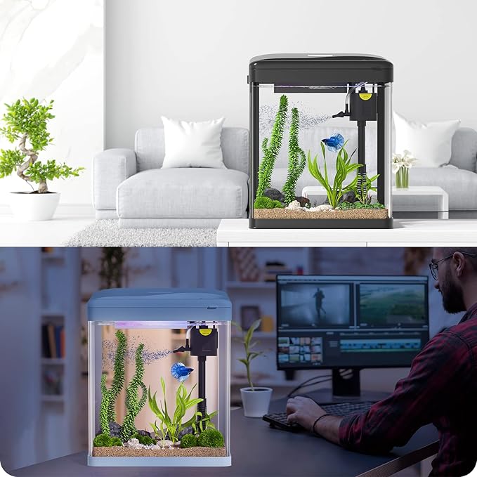 Betta Fish Tank, 2 Gallon Glass Aquarium, 3 in 1 Fish Tank with Filter and Light, Desktop Small Fish Tank for Betta Fish, Shrimp, Goldfish (White)