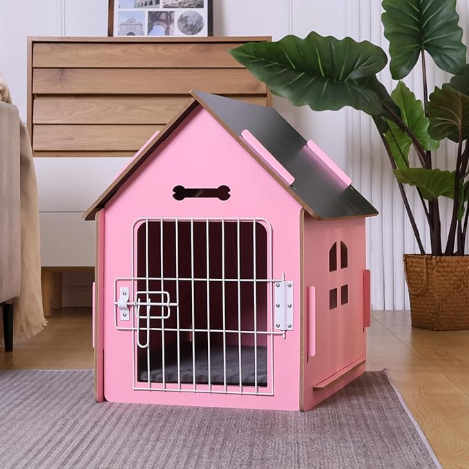 Dog House Indoor for Small Dogs or Cats, Cozy wooden design, Small indoor bed house, with Air Vents and Elevated Floor Warm Dog Cave (Large Pink)