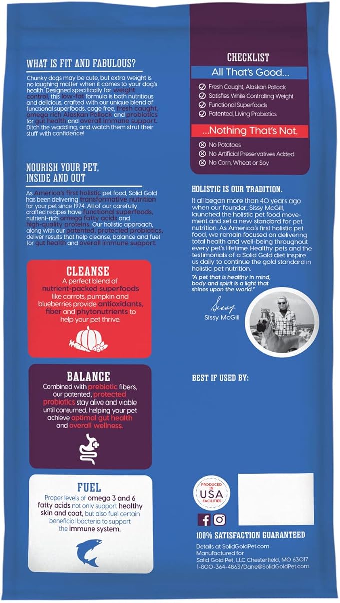 Solid Gold Fit and Fabulous Pollock - Dry Dog Food for Weight Control - Digestive Probiotics for Dogs - Gluten Free - High Fiber & Low Fat - Omega, Superfood & Antioxidant Support - 24 LB