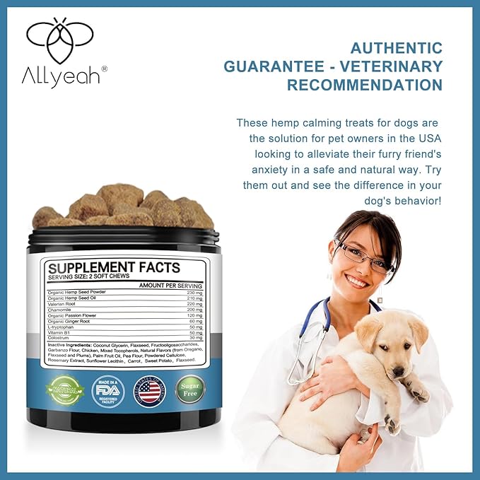 Calming Chews for Dogs Treats, Hemp Calming Dog Anxiety Relief Natural Ingredients, Helps with Dog Anxiety, Stress Relief, Separation, Barking, Thunderstorms