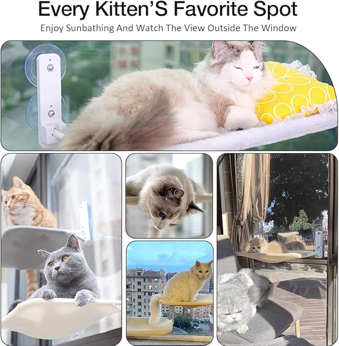 Lcybem Cat Window Perch - Foldable Cat Hammock Window Bed for Cats with 4 Strong Suction Cups, Cordless Sturdy Metal Frame Cat Perch for Large Cats, Reversible Two Covers Easy to Assemble (Large)