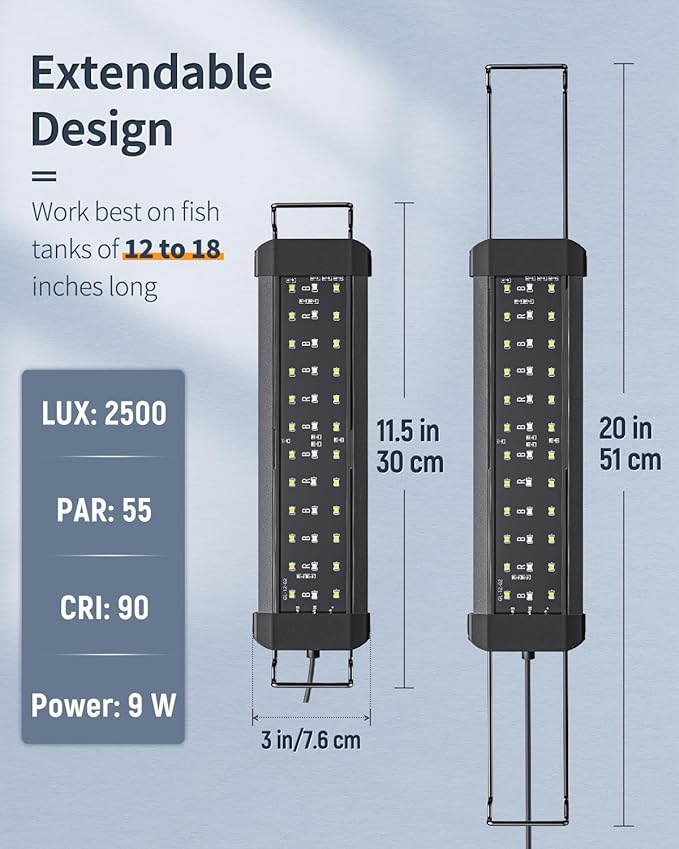 Pawfly Aquarium LED Light for 12 to 18 Inch Fish Tanks Extendable Fish Tank Light with Full Spectrum Brilliant White Blue Red Lights with Daytime & Night Modes Timer Auto On/Off Adjustable Brightness