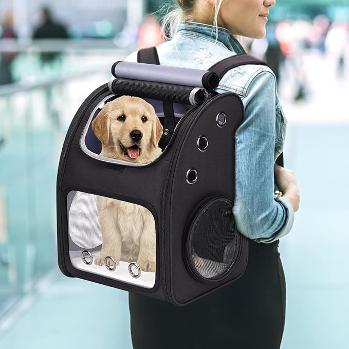 Expandable Pet Carrier Backpack for Cats, Dogs and Small Animals, Portable Pet Travel Carrier, Super Ventilated Design, Airline Approved, Ideal for Traveling/Hiking/Camping, Black