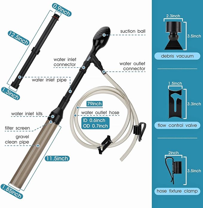 hygger Manual 256GPH Gravel Vacuum for Aquarium, Run in Seconds Aquarium Gravel Cleaner Low Water Level Water Changer Fish Tank Cleaner with Pinch or Grip Suction Ball Adjustable Length