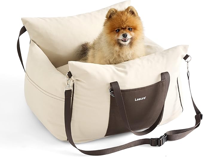 Lesure Small Dog Car Seat for Small Dogs - Waterproof Dog Booster Seat for Car with Storage Pockets, Clip-On Safety Leash and Thickened Memory Foam Filling, Pet Carseat Puppy Travel Carrier Bed, Beige
