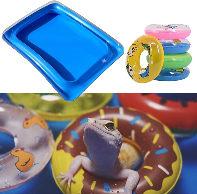 Lizard Bath Pool & Collar Rings Set - Inflatable Reptile Bathing Swimming Pool Bathtub Reptile Swim Float Ring for Leopard Gecko Amphibians Habitat Accessories Grooming Health Supplies (Blue)